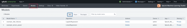 This image shows the content under the Models tab of the AI Toolkit . Several rows of stored models are listed. Column headers for stored models include Model Name, Algorithm, Owner, and Sharing information.