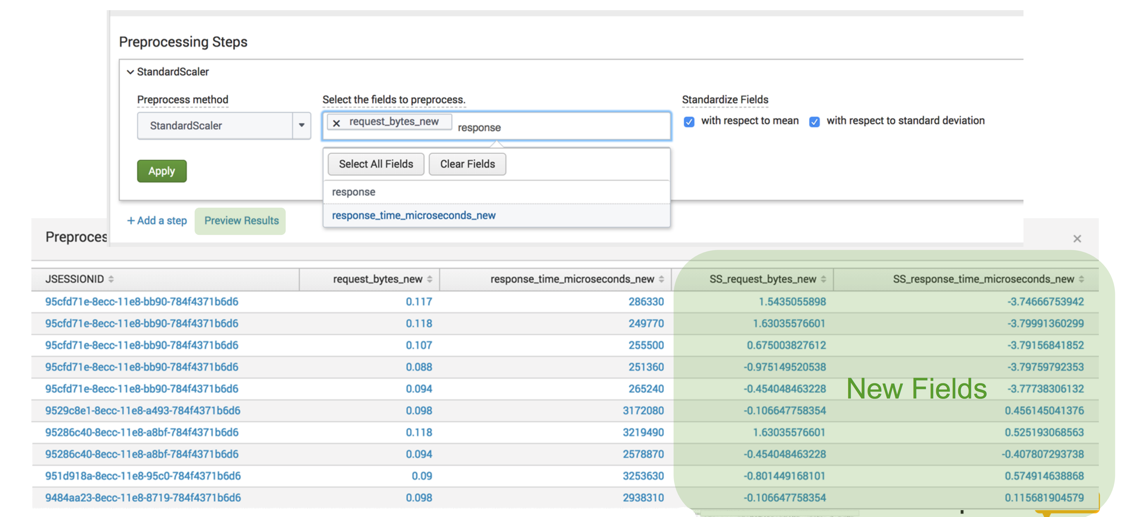 This image is a screen capture showing the Preprocessing Steps fields of the AI Toolkit and the results of the preprocessing. There are new columns of data with an SS prefix showing that this is the version of the data with StandardScaler preprocessing applied.