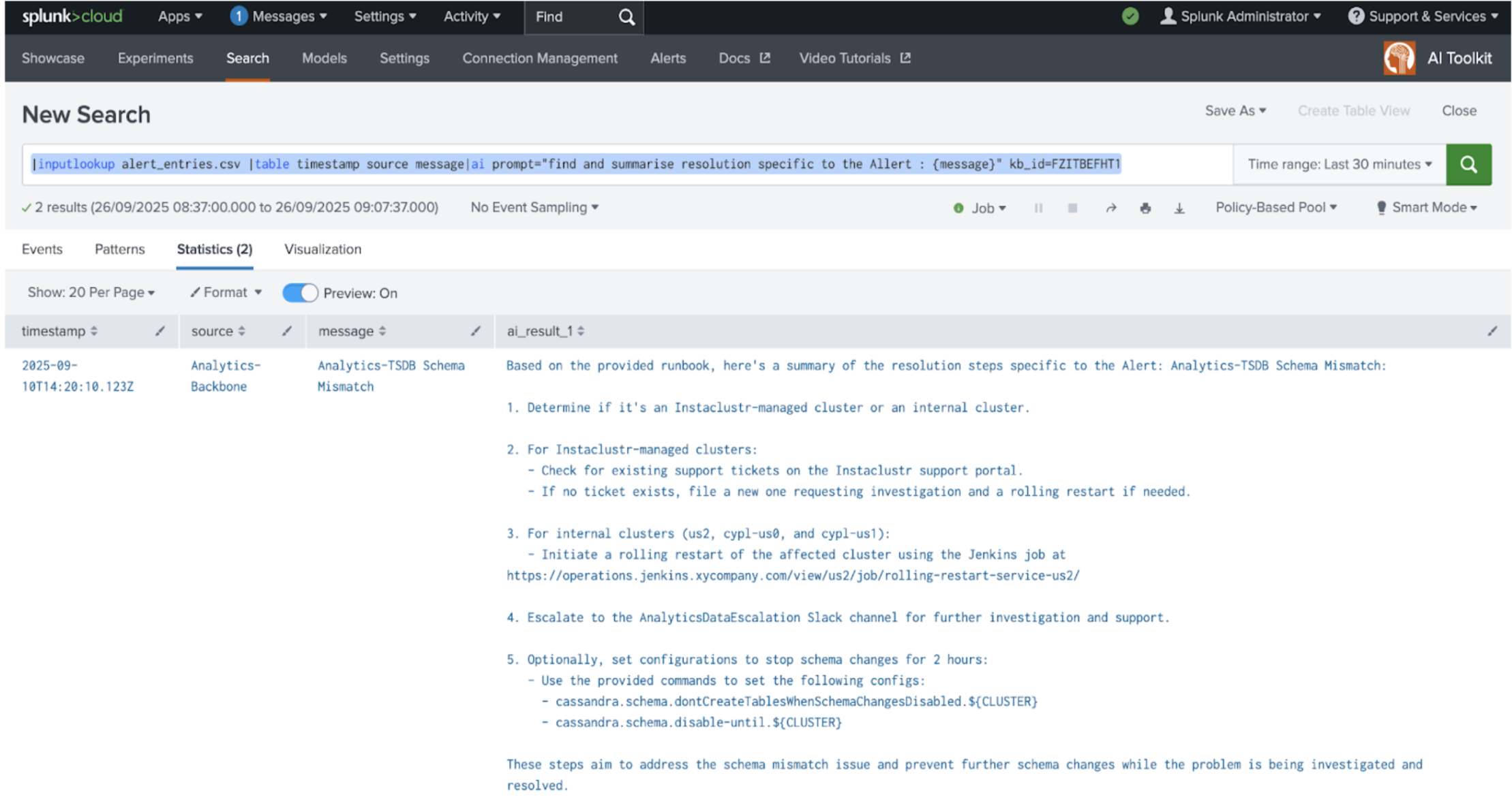 This image shows an example Splunk SPL search window. The kb_id command is part of the search.