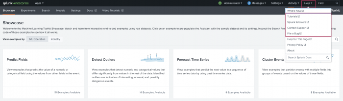 This image shows the AI Toolkit Showcase page. The Help drop-down menu in the top right of the page is open, with the options of Splunk Answers, Contact Support, File a Bug, and Help for this Page highlighted.