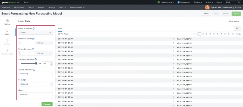 This image shows the Learn stage of the Assistant. In the body of the page, the Initial data menu is open showing the search string used to bring in data during the Define stage. A menu of available fields by which to build the forecasting model are highlighted on the left side of the page. Available fields include field to forecast, holdback period,and future timespan.