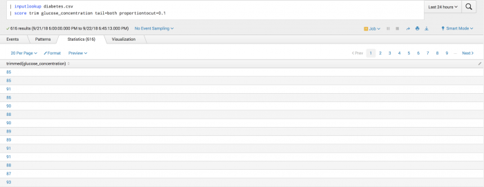 This screen capture shows the Statistics tab of the toolkit and a column of trimmed events from the dataset.