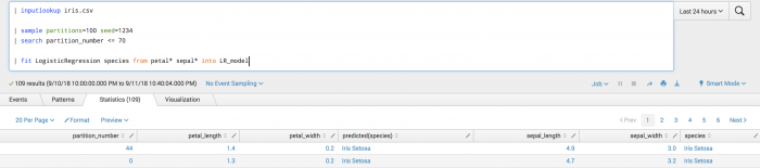 This image shows a screen capture of the results on the Statistics tab in the AI Toolkit. The iris dataset is in use, and a LogisticRegression algorithm is training the model.