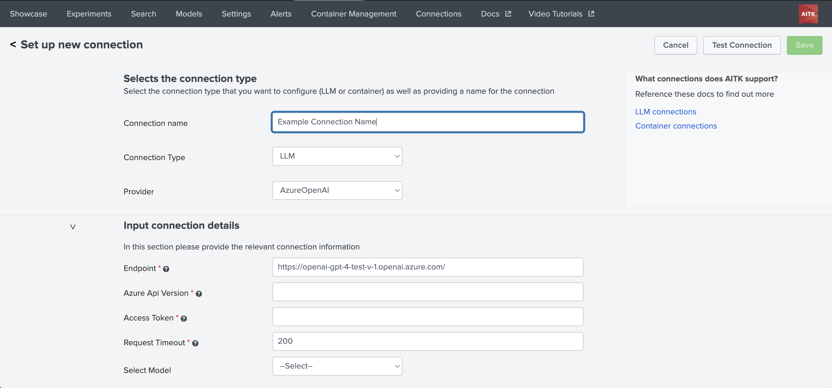 This image shows the set up a new connection page where LLM is the chosen connection type.