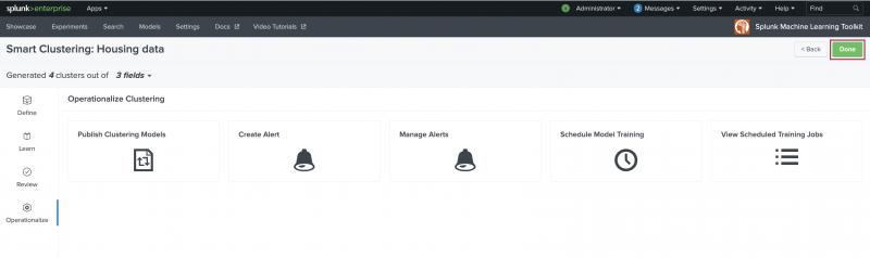 This image shows the Operationalize stage of the Assistant. Options on this page include Publish Outlier Models, Create Alert, Manage Alerts, Schedule Model Training, and View Scheduled Training Jobs. A green button labeled Done in the top right of the page is highlighted.