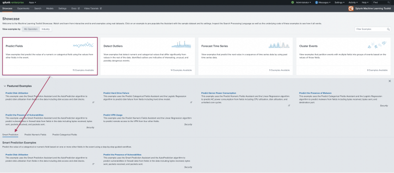 This image shows the landing page for the AI Toolkit Showcase page. The Predict Fields option is highlighted and pointing to the available examples for the Smart Prediction Assistant.