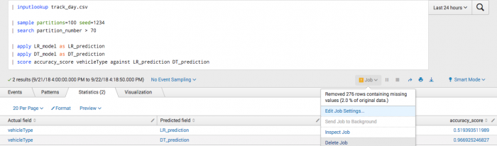 This screen capture of the results on the Statistics tab of the toolkit shows accuracy scores for vehicle type prediction using both the LogisticRegression and DecisionTree algorithms.