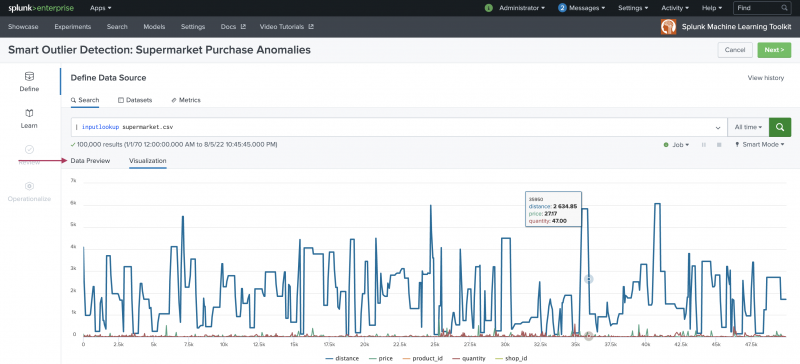 This image shows the Define stage of the Assistant. In this example, data has been added to the Assistant. This populates the mid-page tabs for Data Preview and Visualization