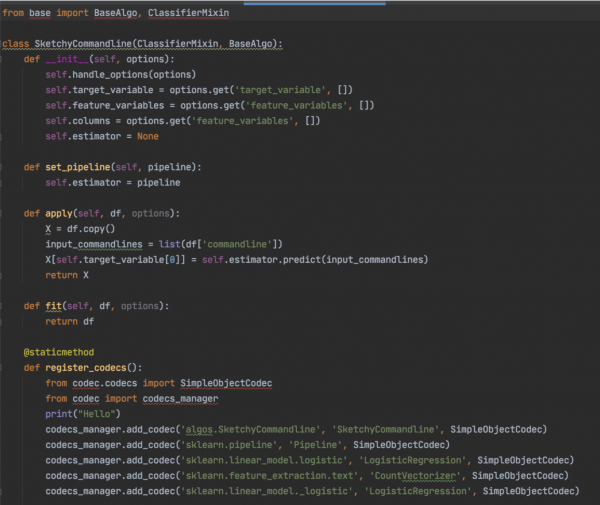 This image shows example code of a text classifier for suspicious command line scripting:
