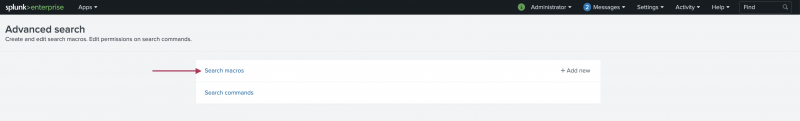 This screenshot of the Advanced Settings page shows options for Search macros and Search commands. Search macros is highlighted.