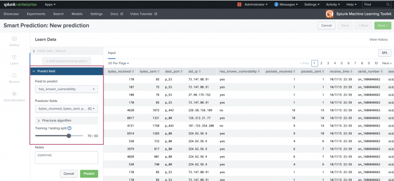 This image shows the Learn stage of the Smart Prediction Assistant. The Predict fields menu is open with options visible including the training and testing split selector and a notes section.