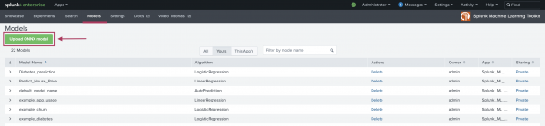 This image shows the Models tab in the AI Toolkit app. A button labeled Upload ONNX model is highlighted.