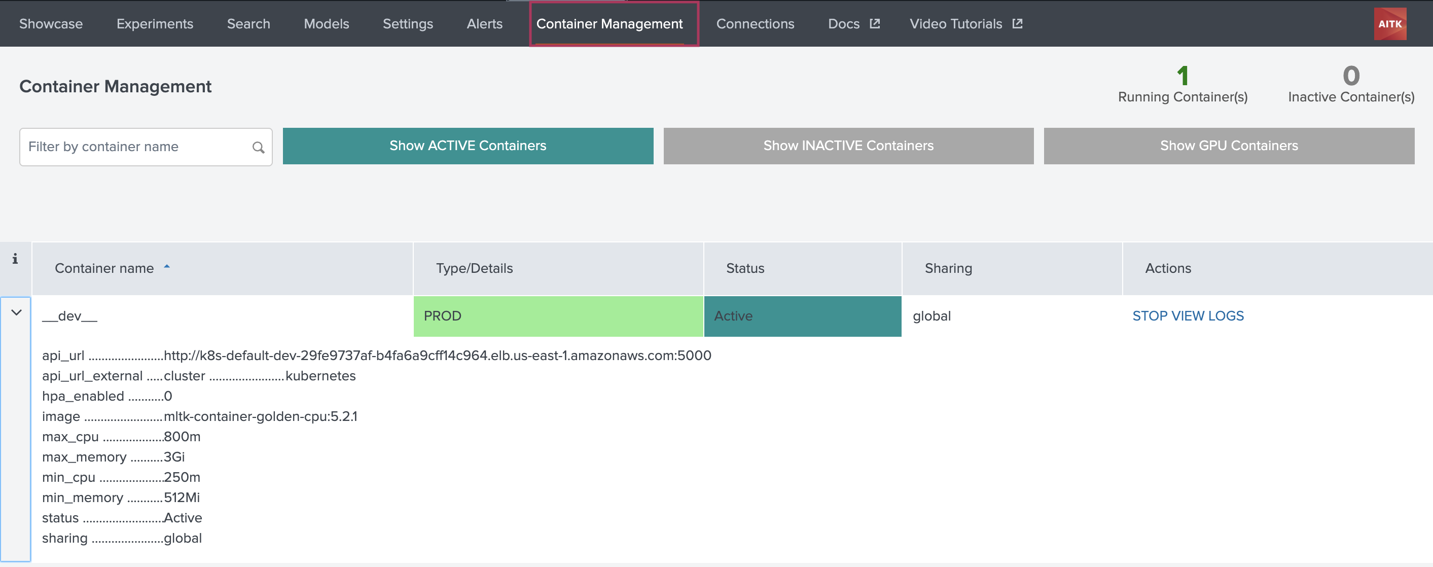 This image shows the AI Toolkit. The tab called Container Management is selected and highlighted.