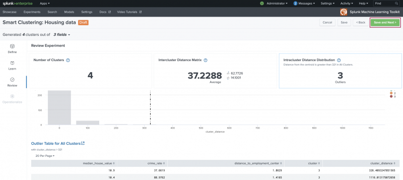 This image shows the Review stage of the Smart Clustering Assistant. The Save and Next button is highlighted.