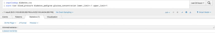 This screen capture shows the Statistics tab of the toolkit and the trimmed variance result for the dataset.