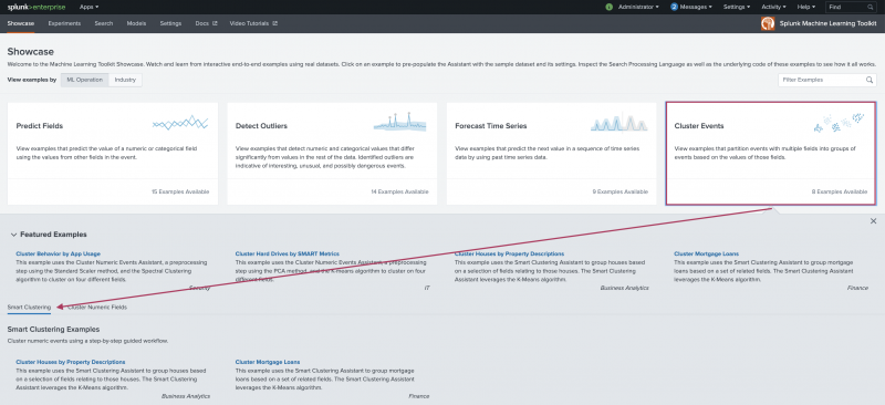 This image shows the landing page for the AI Toolkit Showcase page. The Cluster Events option is highlighted and pointing to the available examples for the Smart Clustering Assistant.