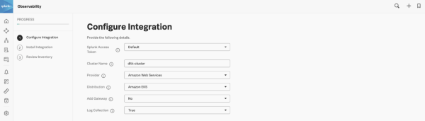This image shows the Configure Integration page in the Splunk Observability product.