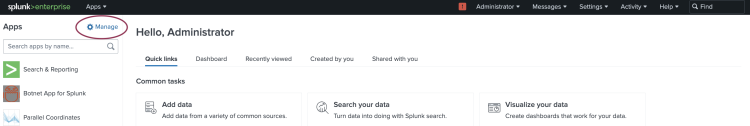 This image shows the home page view of a Splunk platform instance. An icon labeled Manage is highlighted.