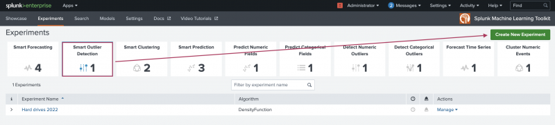 This image shows the AI Toolkit and the view under the Experiments tab. The Experiment types are displayed from which a user can create a new Experiment of that type. The new Experiment type of Smart Outlier Detection Assistant is highlighted.