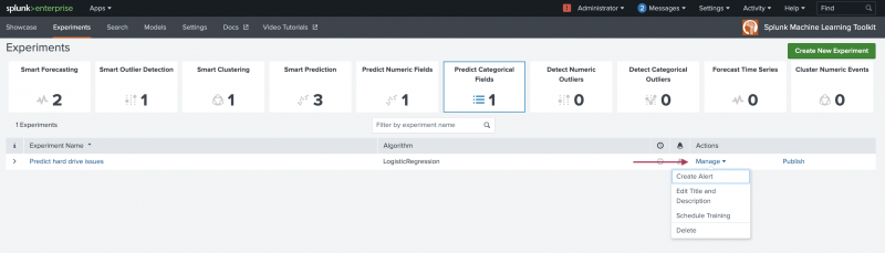 This image shows Experiments listing page with one listing for a Predict Categorical Fields type of Experiment. The Manage drop-down menu is selected, displaying the options of Create Alert, Edit Title and Description, Schedule Training, and Delete.