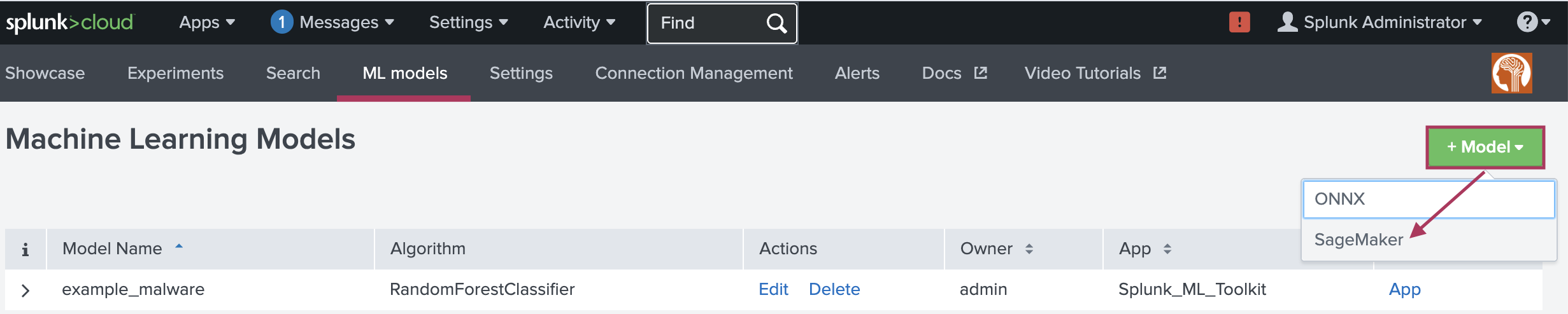This image shows the Models tab of the AI Toolkit. The +Model button on the far right is selected and the option for SageMaker is highlighted.
