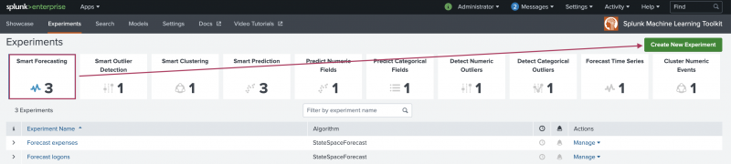 This image shows the AI Toolkit and the view under the Experiments tab. The Experiment types are displayed from which a user can create a new Experiment of that type. The new Experiment type of Smart Forecasting Assistant is highlighted with an arrow pointing to the Create New Experiment button.