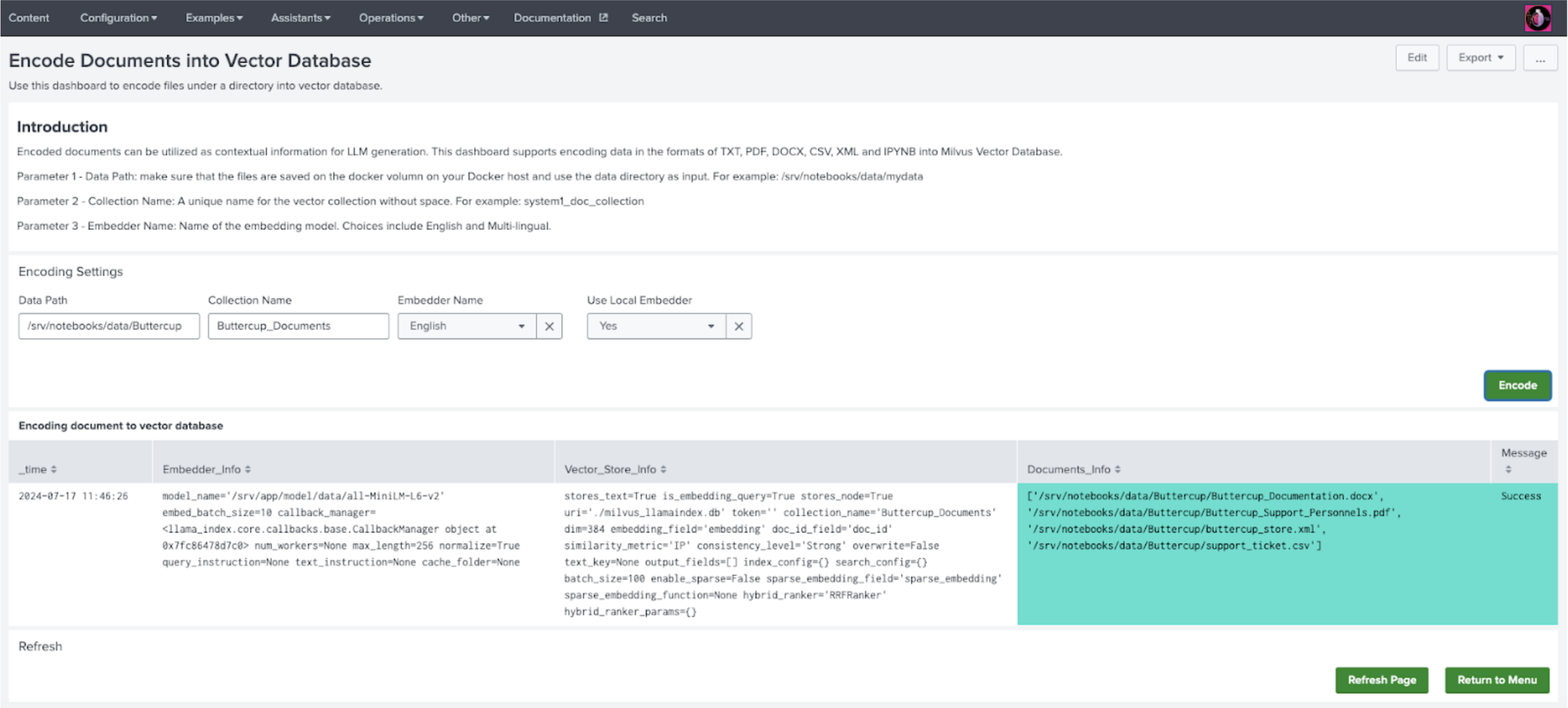 This image shows an example of the Encode Documents into VectorDB page in DSDL.