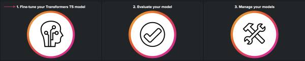 This image shows the landing page when selecting the Text Summarization Assistant. There are 3 icons: Fine-tune your Transformers T5 model, Evaluate your model, and Manage your models. Fine-tune your Transformers T5 model is highlighted.