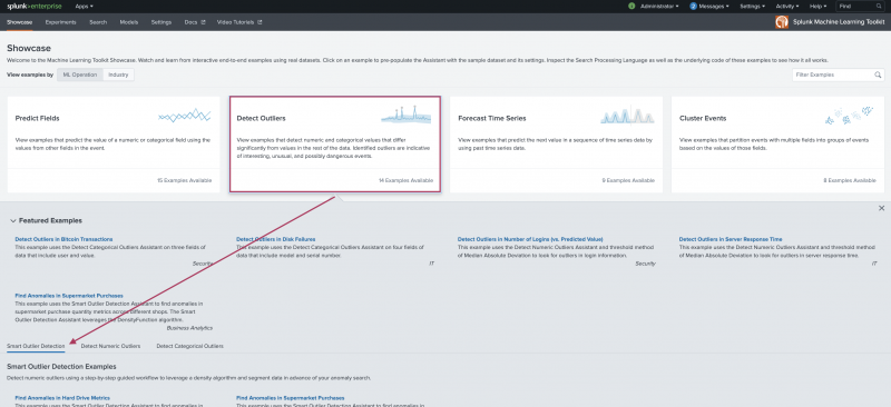 This image shows the landing page for the AI Toolkit Showcase page. The Detect Outliers option is highlighted and pointing to the available examples for the Smart Outlier Detection Assistant.