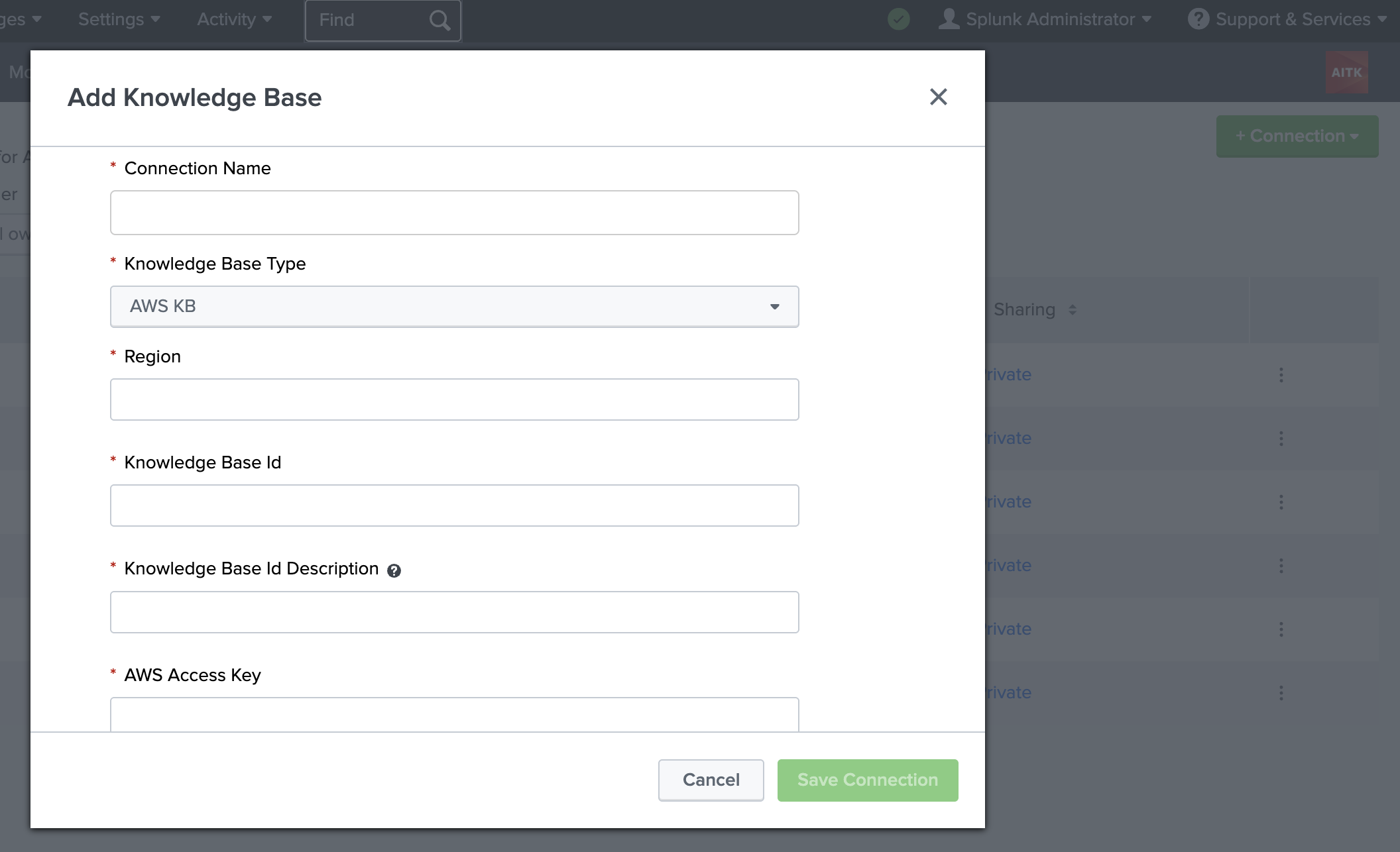 This image shows the AI Toolkit and the preview for Agent Builder. The screen shows the modal window and fields to complete when adding a knowledge base connection.
