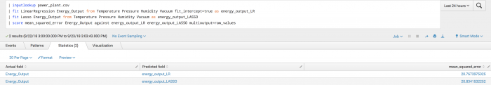 This screen capture of the Statistics tab of the toolkit shows 2 results listed with values for Actual field, Predicted field, and mean squared error.