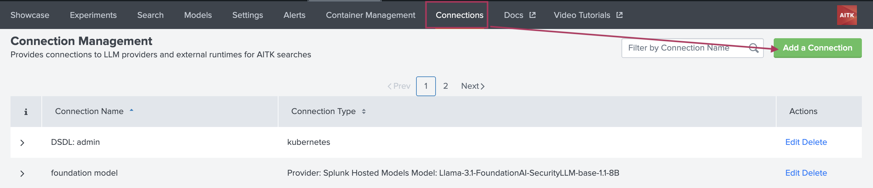 This image shows the Connections tab in the AI Toolkit. A icon on this tab labeled as Add a Connection is highlighted.