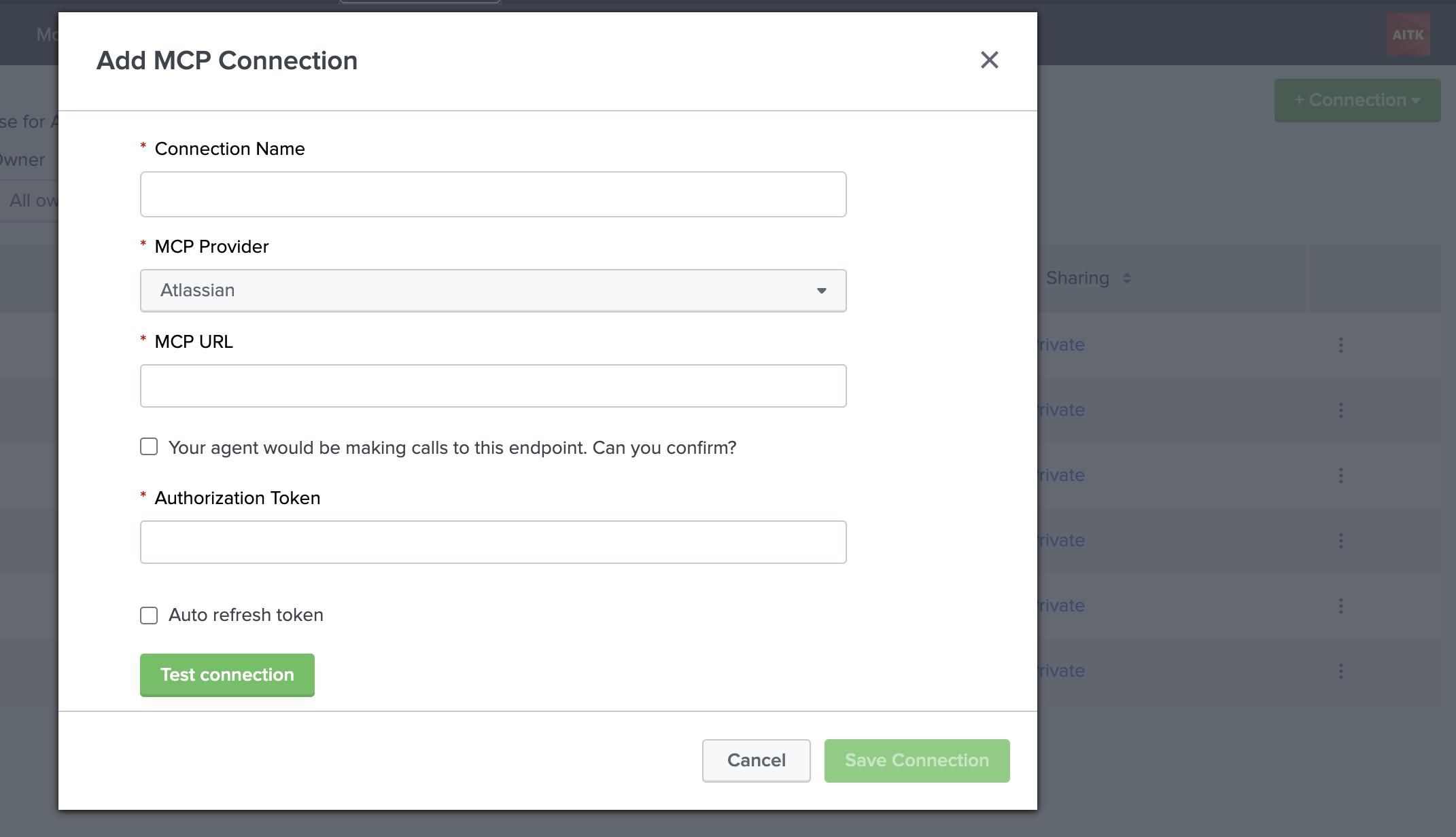 This image shows the AI Toolkit and the preview for Agent Builder. The screen shows the modal window and fields to complete when adding an MCP server connection.