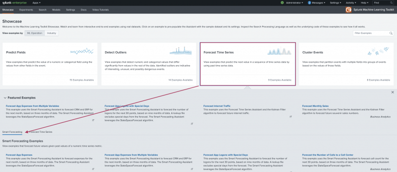 This image shows the landing page for the AI Toolkit Showcase page. The Forecast Time Series option is highlighted and pointing to the four end-to-end examples for the Smart Forecasting Assistant.