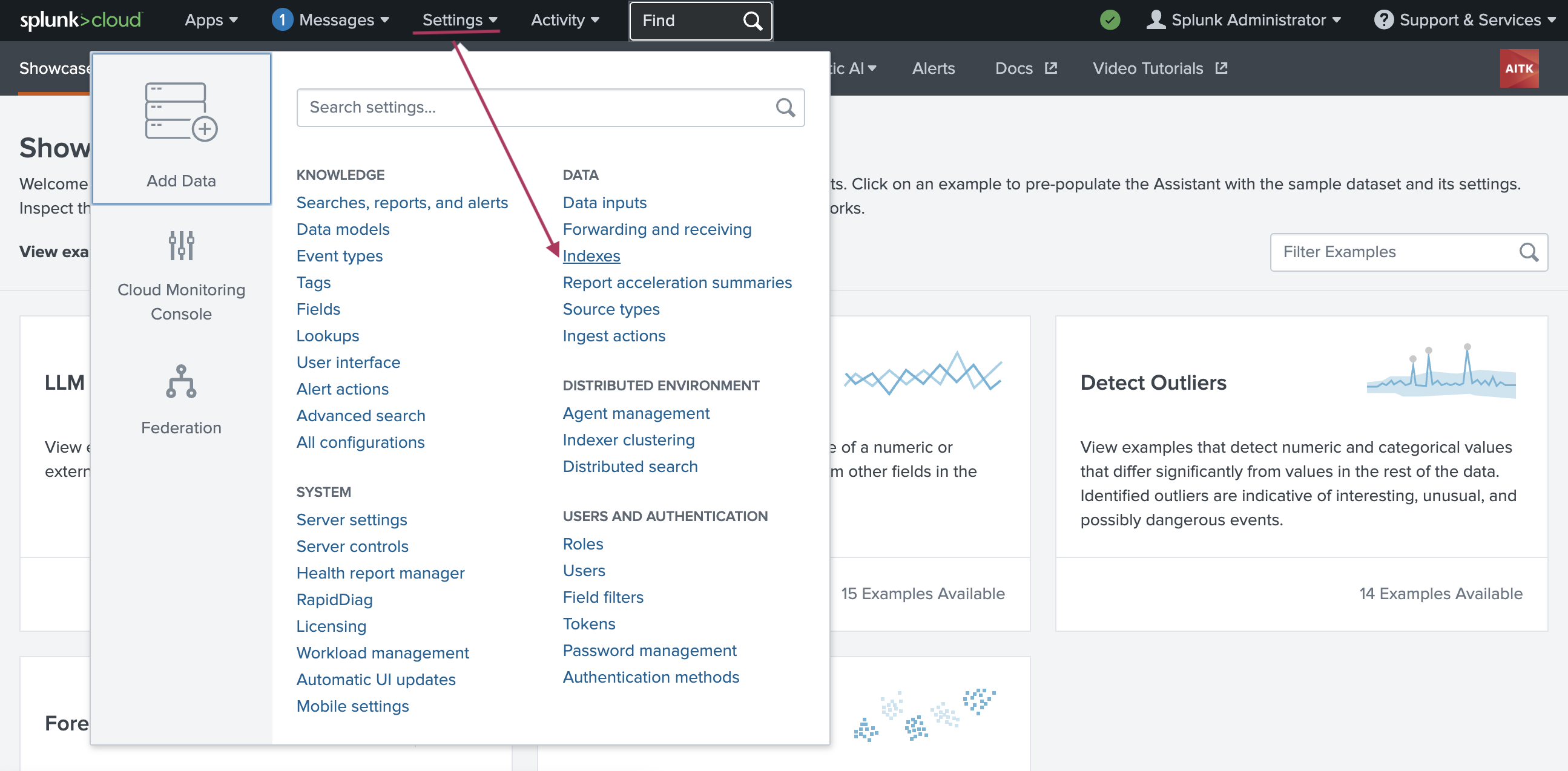 This image shows an example instance of Splunk Cloud Platform. From the top navigation bar Settling has been selected. This generates a modal window of many options. The option for Indexes is highlighted.