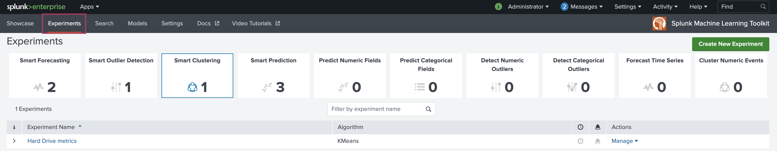 This image shows the view under the Experiments tab of the AI Toolkit. Here each of the available guided modeling assistants are displayed along with any models created and saved using those assistants.
