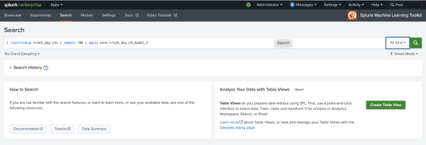 This image shows the Search tab of the AI Toolkit . The SPL query calling the newly uploaded ONNX model is in the search field.