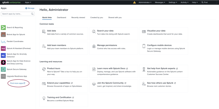 This image shows the home page of a Splunk platform instance. An icon labeled Find More Apps is highlighted.