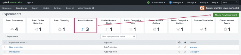 This image shows the AI Toolkit and the view under the Experiments tab. The Experiment types are displayed from which a user can create a new Experiment of that type. The new Experiment type of Smart Prediction Assistant is highlighted.