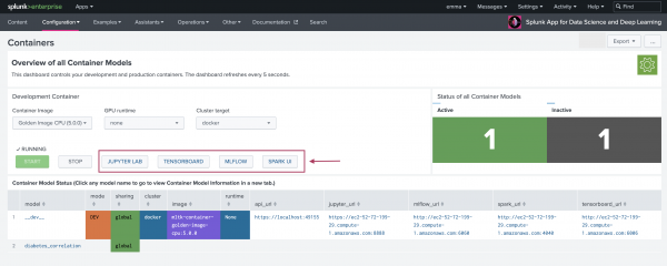 This image shows the Containers page of DSDL. In this image, one Container has been successfully set up. You can now select from the available third-party tools to further explore your data, experiment, and make models. The on-screen options of JupyterLab, Tensorboard, MLflow, and SparkUI are highlighted.