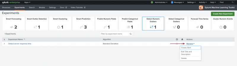This image shows Experiments listing page with one listing for a Detect Numeric Outliers type of Experiment. The Manage drop-down menu is selected, displaying the options of Create Alert, Edit Title and Description, and Delete.