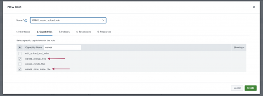 This image shows the Admin view of the Role creation screen. Two specific capabilities are highlighted. One for uploading lookup files and one for uploading onnx models.