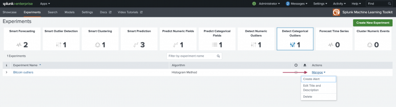 This image shows Experiments listing page with one listing for a Detect Categorical Outliers type of Experiment. The Manage drop-down menu is selected, displaying the options of Create Alert, Edit Title and Description, and Delete.