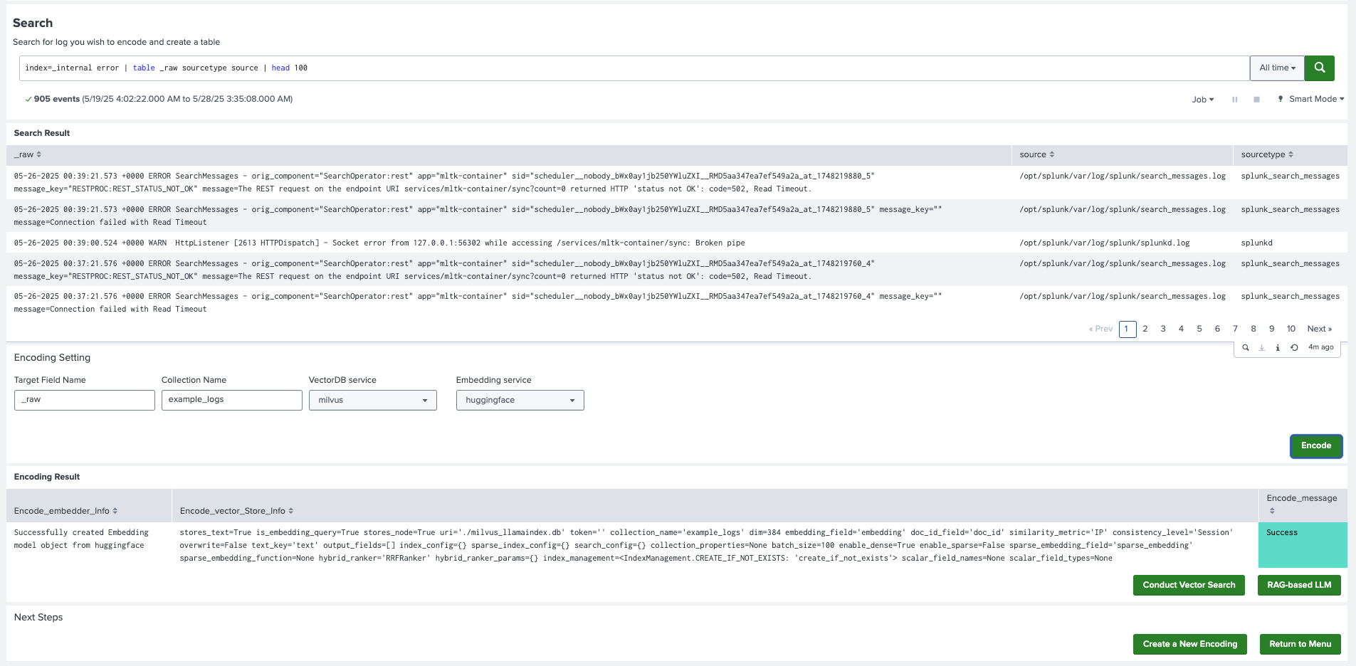 This image shows an example of the Encoding Splunk data into a vector database dashboard.