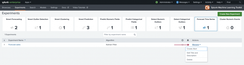 This image shows Experiments listing page with one listing for a Forecast Time Series type of Experiment. The Manage drop-down menu is selected, displaying the options of Create Alert, Edit Title and Description, and Delete.