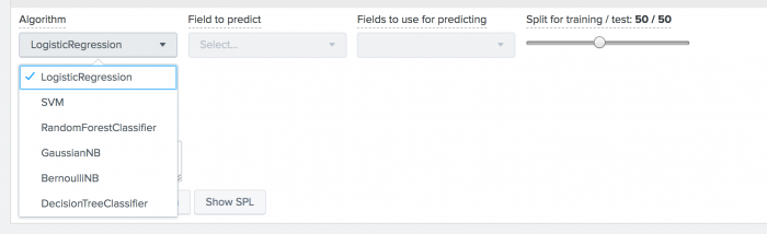 This image shows the algorithm drop-down menu with the LogisticRegression option selected. Other options listed include SVM and RandomForestClassifier.