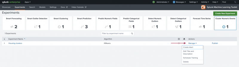This image shows Experiments listing page with one listing for a Cluster Numeric Events type of Experiment. The Manage drop-down menu is selected, displaying the options of Create Alert, Edit Title and Description, Schedule Training, and Delete.