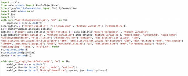 This image shows a snippet of code that displays how a CI/CD process takes the algorithm and pre-trained model and creates an artifact that the AI Toolkit can load and apply.