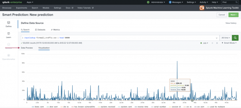 This image shows the Define stage of the Assistant. In this example, data has been added to the Assistant. This populates the mid-page tabs for Data Preview and Visualization.