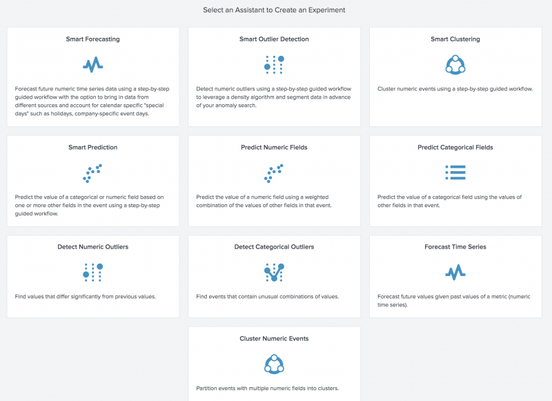 This image shows the landing page a user sees when they first select Experiments. Each areas of machine learning covered by Experiment Assistants is displayed, along with brief descriptions of each one.